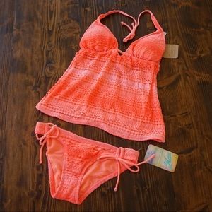 🏝HOBIE CORAL PINK CROCHET TANKINI SWIM 2 PIECE🏝